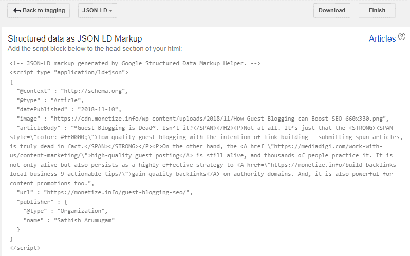 Structured data as Json-LD markup code 