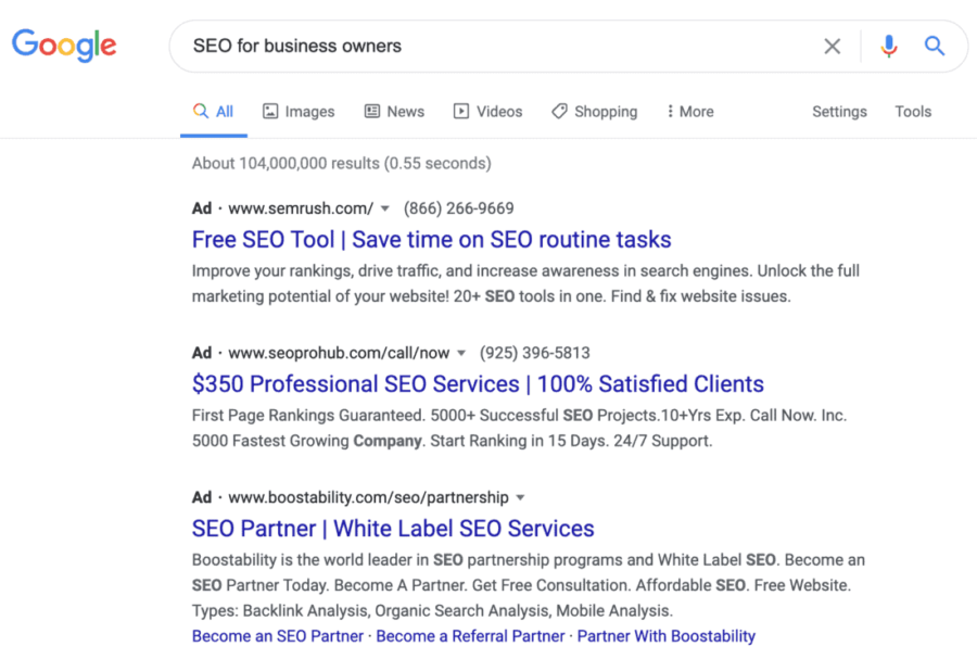 Google Search Results - SEO for business owners