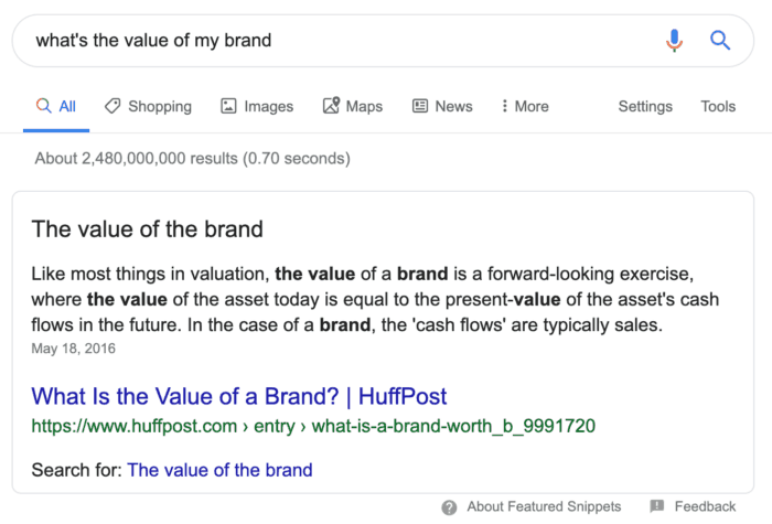Featured snippet example for "What's the value of my brand"