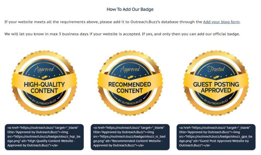OutreachBuzz offers badges for selected blogs
