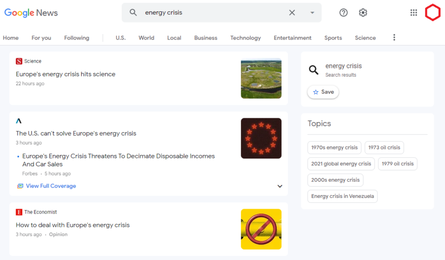 Energy Crisis search in Google News.