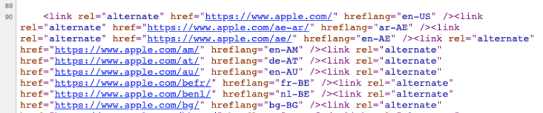 How Apple uses hreflang tags in its code to signal the language and country to search engines.